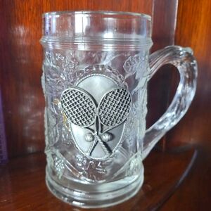 SET OF 4 UNIQUE TENNIS THEMED PEWTER EMBLEM 5-IN TALL BEER STEIN GLASSES